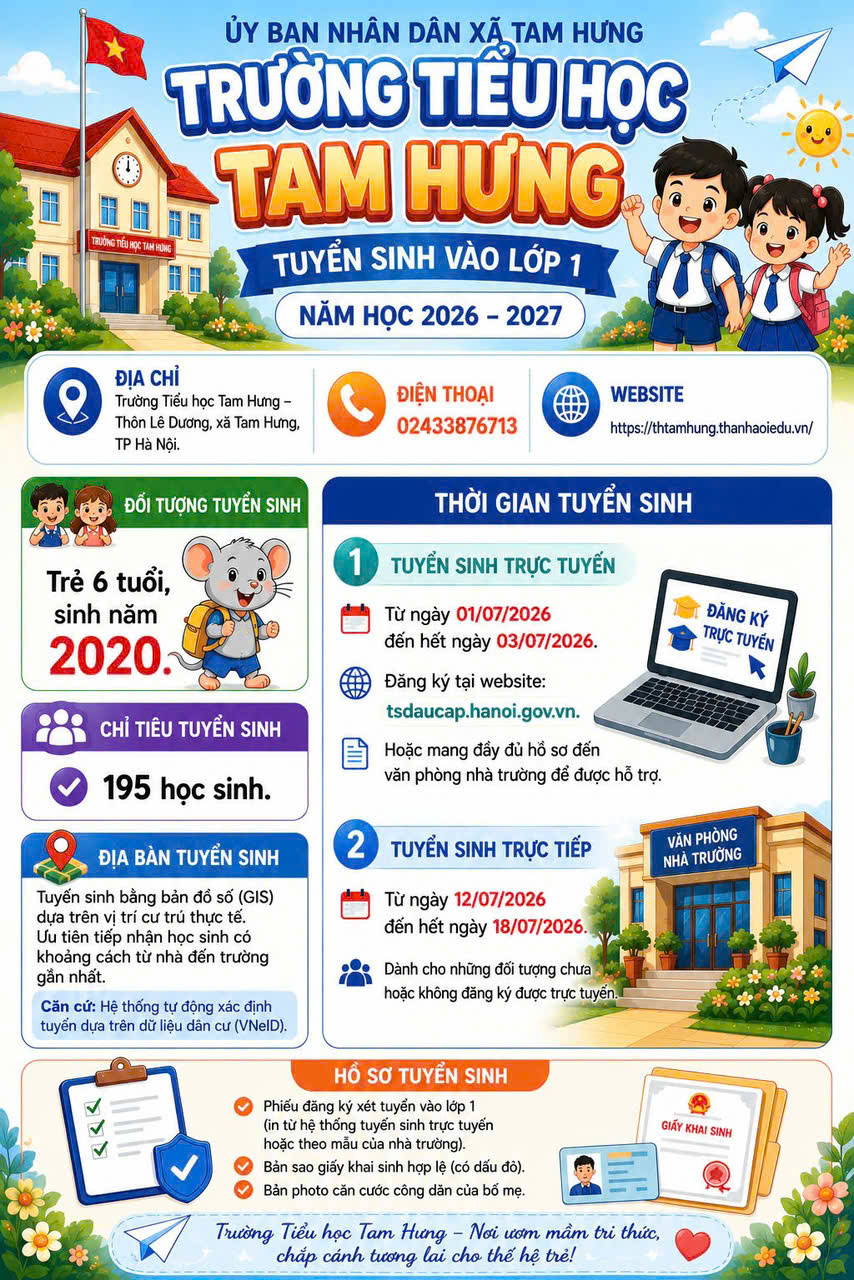 THÔNG BÁO TUYỂN SINH VÀO LỚP 1  NĂM HỌC 2026 – 2027