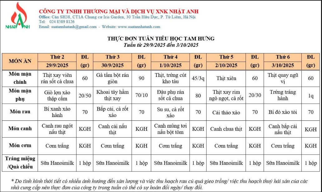 THỰC ĐƠN ĂN BÁN TRÚ TUẦN 4 (Từ ngày 29/9/2025 đến ngày 03/10/2025)
