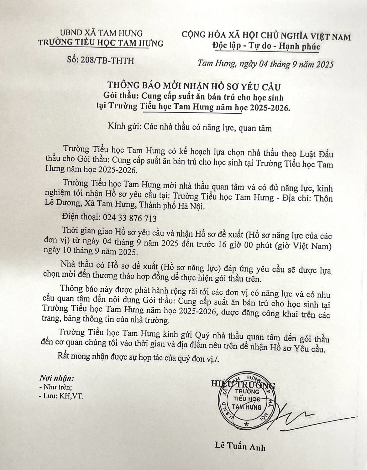 THÔNG BÁO MỜI THẦU